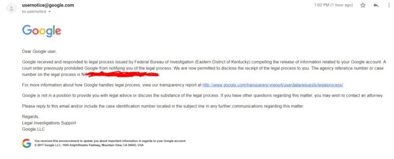 Des Données Utilisateurs Associées à L'adresse Mail Google prévient des utilisateurs que le FBI réclame leurs données