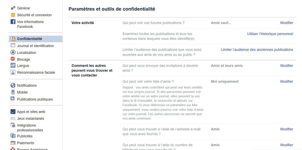 facebook paramètres confidentialité 