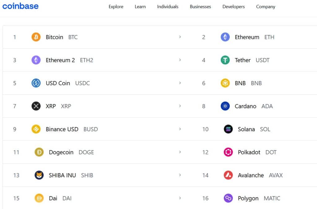 coinbase liste