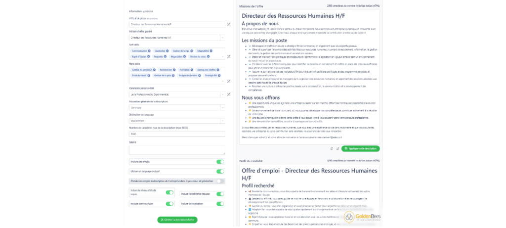 Création d'offres d'emploi avec Goldenjob de Golden Bees