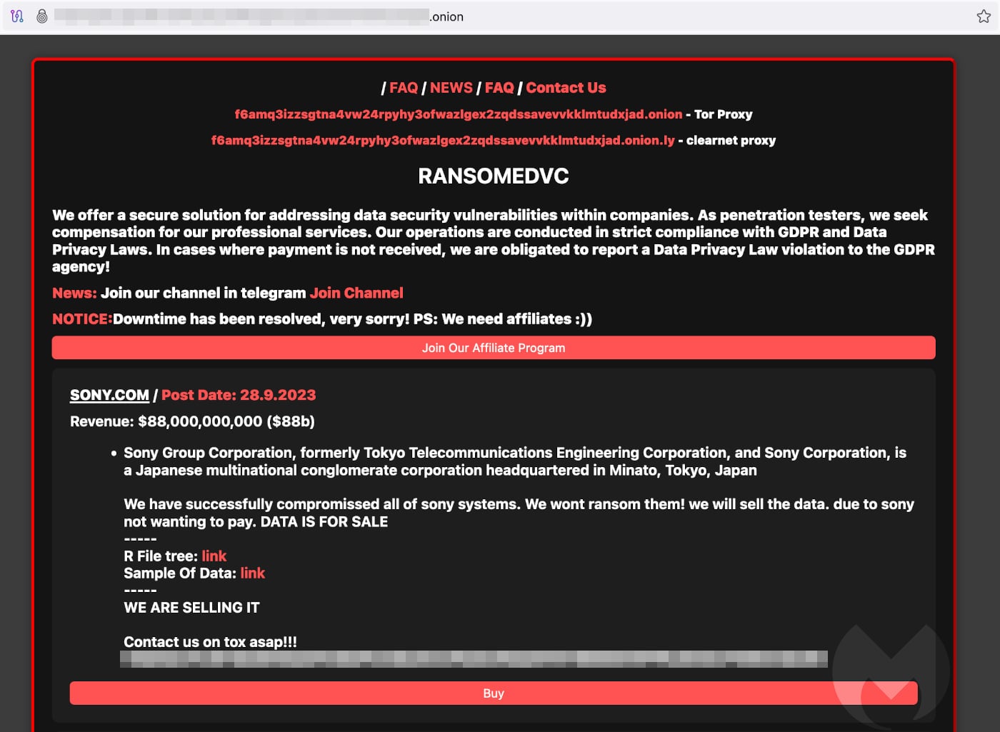 ransomware sony dark web