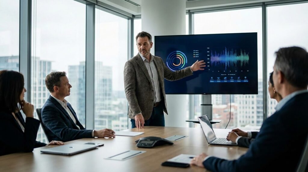 Un IA strategist en réunion avec l'équipe de direction d'une entreprise