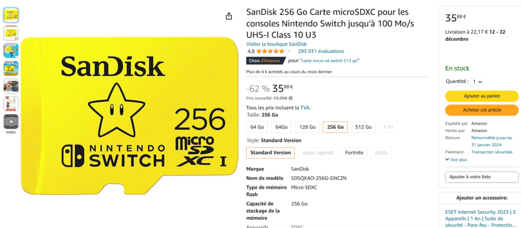 Carte Micro SD 512Go Sandisk - Licence Nintendo Switch officielle –