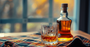 une bouteille et un verre de whisky sur une table avec une nappe en motif écossais