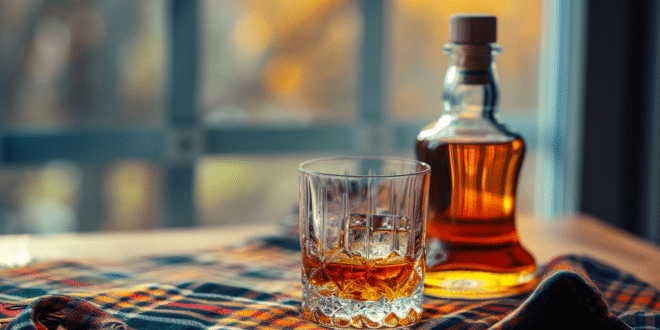 une bouteille et un verre de whisky sur une table avec une nappe en motif écossais