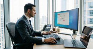 un homme sur son bureau utilisant unidesk