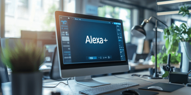 Un écran d’ordinateur affichant l’interface web d’Alexa Plus, dans un bureau moderne éclairé et clair