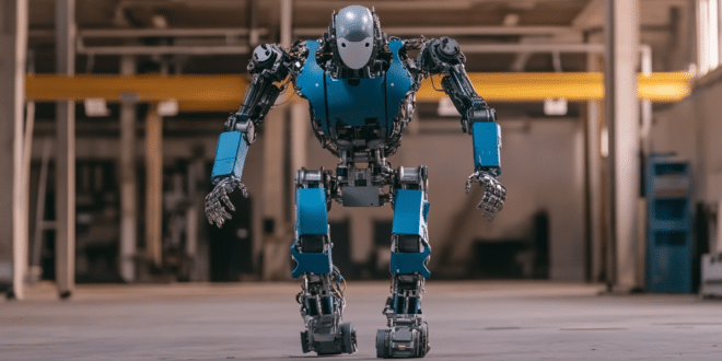 Un robot humanoïde de 8 mètres de haut, avec des nuances de bleu pétrole et de gris et de larges carrures.