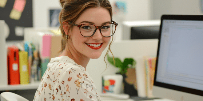 Une femme contente en utilisant Deep Research gratuit