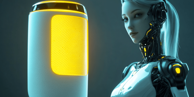 Une enceinte Alexa stylisée accompagnée d'un robot IA.