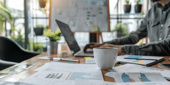 Un entrepreneur est devant son ordinateur, dans son bureau, avec plusieurs papiers financiers sur la table et une verre