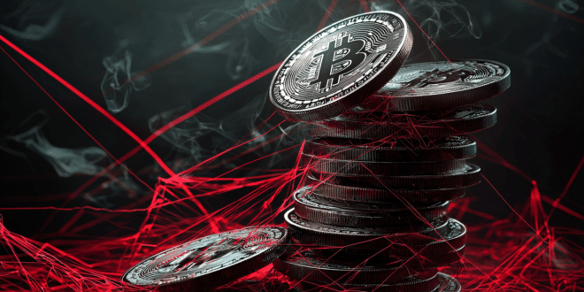 Une pile de pièces numériques (Ethereum, Bitcoin), éclatées et fragmentées, traversées par des lignes rouges symbolisant le blanchiment et la dispersion des crypto volés