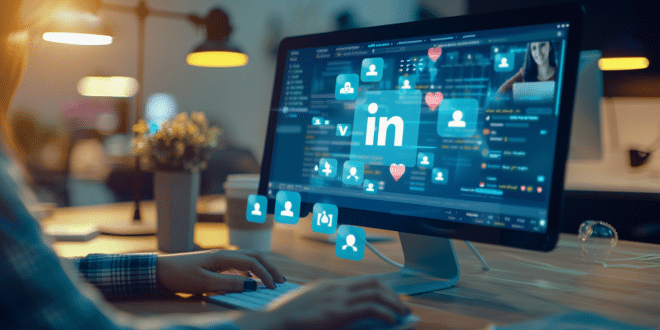 Écran d’ordinateur affichant un post LinkedIn viral avec le logo 'in' bien visible et des icônes d’engagement flottantes.