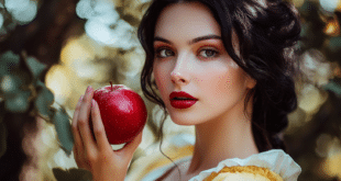 Blanche-Neige tenant une pomme rouge, dans la forêt
