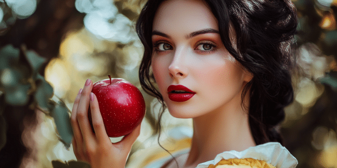 Blanche-Neige tenant une pomme rouge, dans la forêt