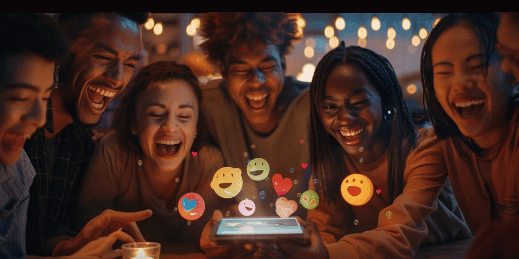 Des jeunes regardent une vidéo virale sur un smartphone, entourés de réactions numériques animées.