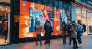 Affichage dynamique en action : des passants captivés par un écran digital interactif en vitrine.