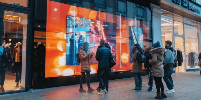 Affichage dynamique en action : des passants captivés par un écran digital interactif en vitrine.