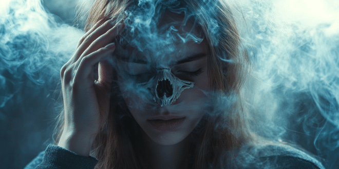 Une femme, en mauvaise santé, entourée de fumée de cannabis.