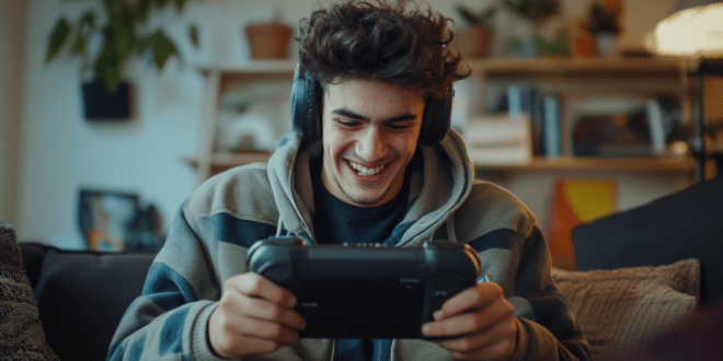 Un jeune homme joue sur une console portable.