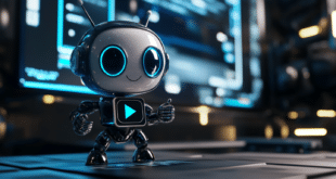 IA robot ChatGPT devant un écran affichant une discussion, générant une vidéo.