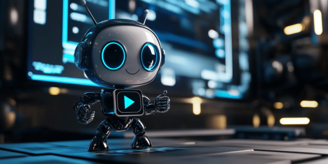 IA robot ChatGPT devant un écran affichant une discussion, générant une vidéo.