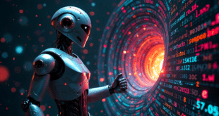 Un robot Claude qui soutire des infos dans une vortex de données pour illustrer le fait qu'il peut chercher sur le web