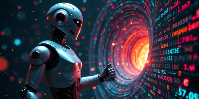 Un robot Claude qui soutire des infos dans une vortex de données pour illustrer le fait qu'il peut chercher sur le web