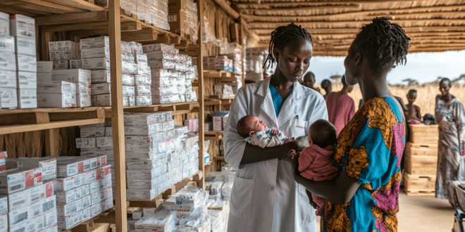 Une clinique humanitaire en Afrique, baignée d’une lumière douce du matin, où une jeune infirmière en blouse blanche tient délicatement un nouveau-né dans ses bras