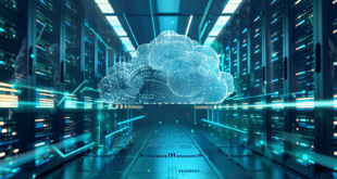 Illustration d’un cloud numérique au-dessus d’un data center futuriste, symbolisant le Big Data et le cloud computing.