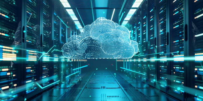 Illustration d’un cloud numérique au-dessus d’un data center futuriste, symbolisant le Big Data et le cloud computing.