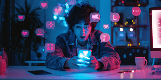 Un influenceur découvre son explosion de visibilité sur les réseaux sociaux, entouré d’icônes de likes et de commentaires.