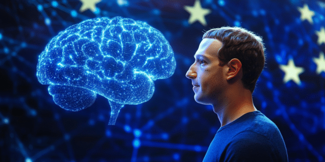 Mark Zuckerberg devant un flux lumineux et le drapeau de l’UE en arrière-plan.