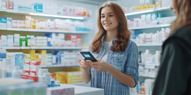 Une femme dans une pharmacie utilise son smartphone pour payer ses médicaments