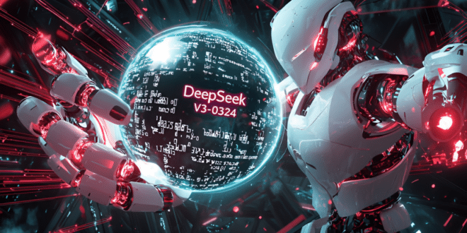 un robot superpuisssant qui crée une boule de codes avec ses mains, au milieu de la boule l'écriture "DeepSeek V3-0324"