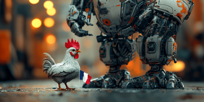 Un petit coq français devant un géant robot IA