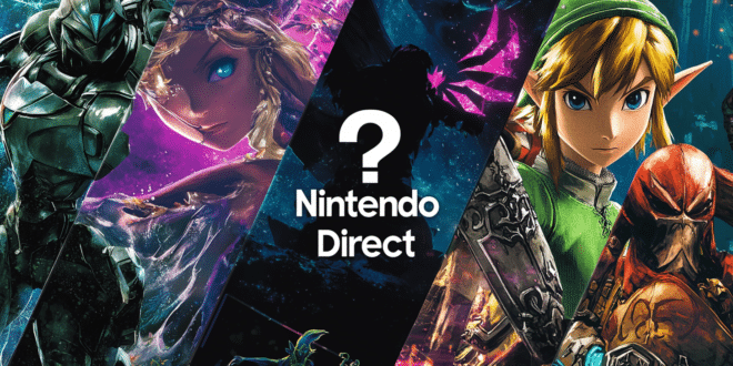 Une image regroupant des éléments visuels de Metroid Prime 4: Beyond, Zelda Wind Waker & Twilight Princess HD, Fire Emblem 4 Remake, et Hollow Knight: Silksong avec un point d’interrogation et l'écriture "Nintendo Direct" au centre pour souligner l’incertitude des annonces