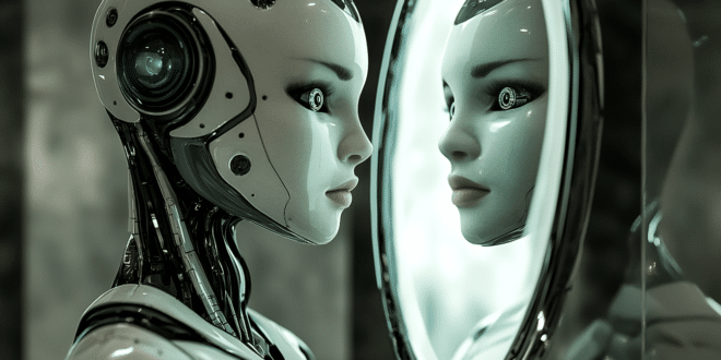 robot se regarde le miroir devient conscient