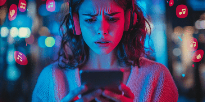 Une femme abonnée à Spotify Premium frustré par les pubs