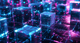 Un réseau futuriste de blocs numériques lumineux interconnectés, flottant dans l’espace sombre avec des reflets néon.