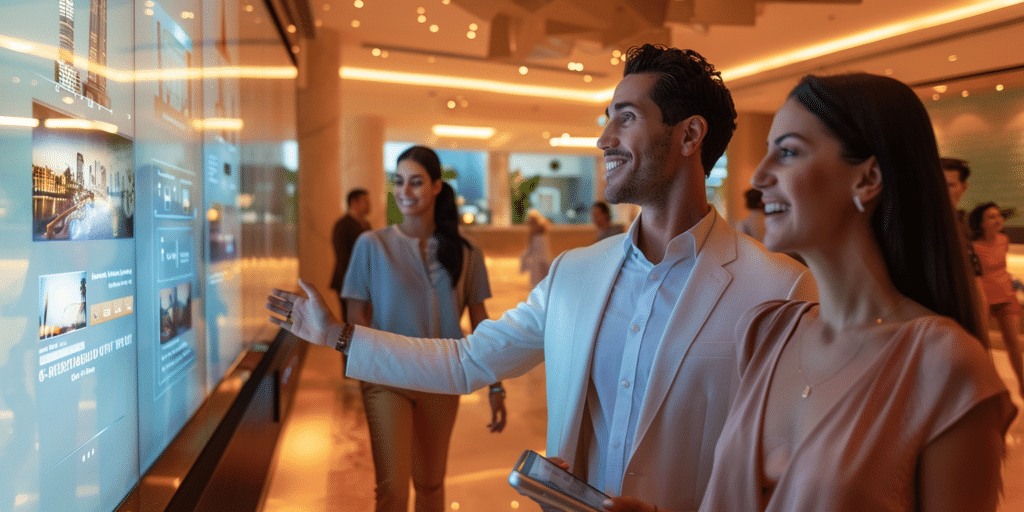 Affichage dynamique en hôtellerie : un couple découvre les services d'un hôtel grâce à un écran interactif.