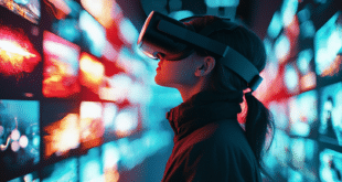 Une personne portant le Vision Pro, émerveillée devant une galerie immersive où des vidéos panoramiques et des photos spatiales flottent autour d’elle