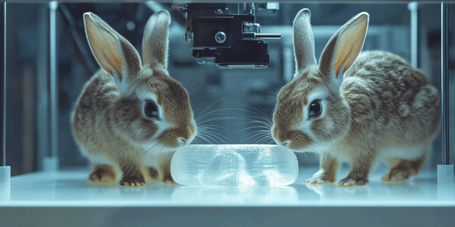 Deux lapins observant l'impression d'un objet en 3D.