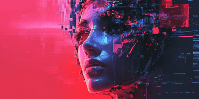 Visage d’un robot humanoïde avec des codes erronés et fragmentés.