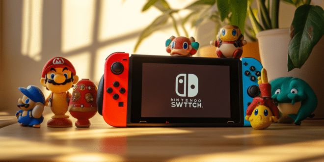 Nintendo Switch 2 posé à côté de plusieurs figurines Amiibo