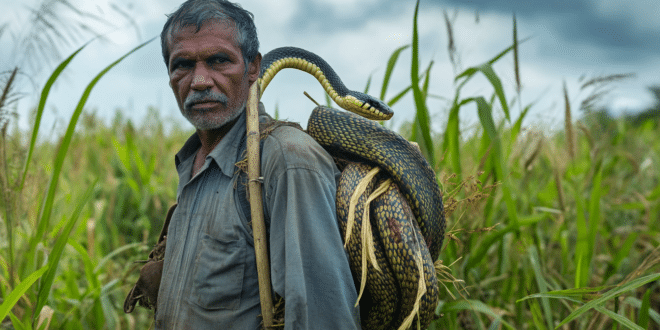 un agriculture dans un champ avec un dispositif anti-serpents