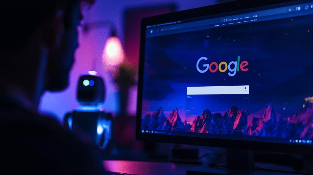 Un homme regardant un ordinateur montrant la barre de recherche de Google