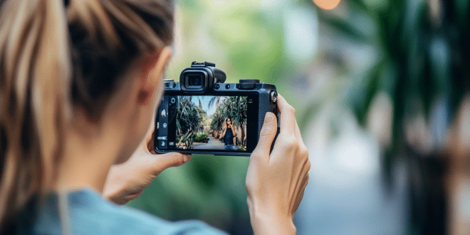 une femme en train de faire de la vidéo 8K avec son iPhone 17