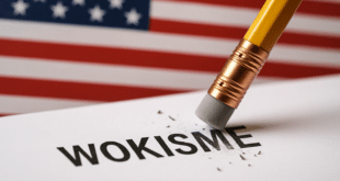 Une gomme qui efface le mot wokisme avec un drapeau des USA au fond