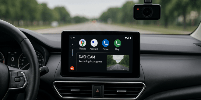 Interface Android Auto avec dashcam dans une voiture sur la route